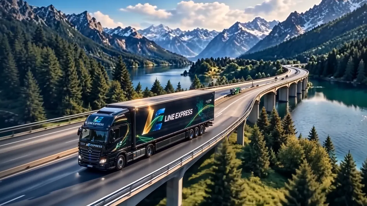 A Line Express truck crossing a viaduct over an alpine lake
