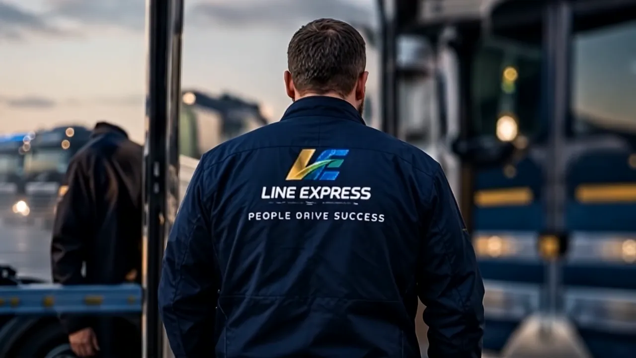 A Line Express driver, seen from behind, walking towards the trucks