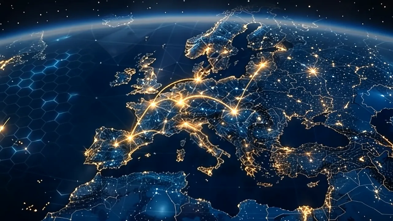 Europe at night with transport routes drawn in light