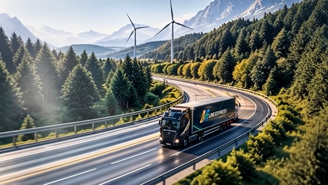 A Line Express truck on a forest road below wind turbines